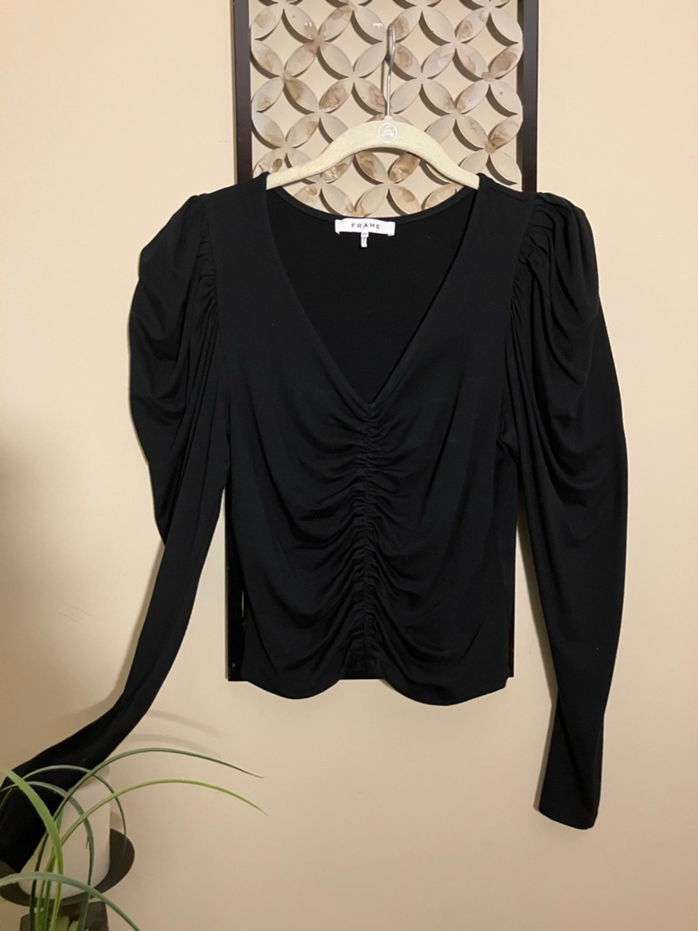 Frame Black Ruched V-Neck Puff Shoulder Top